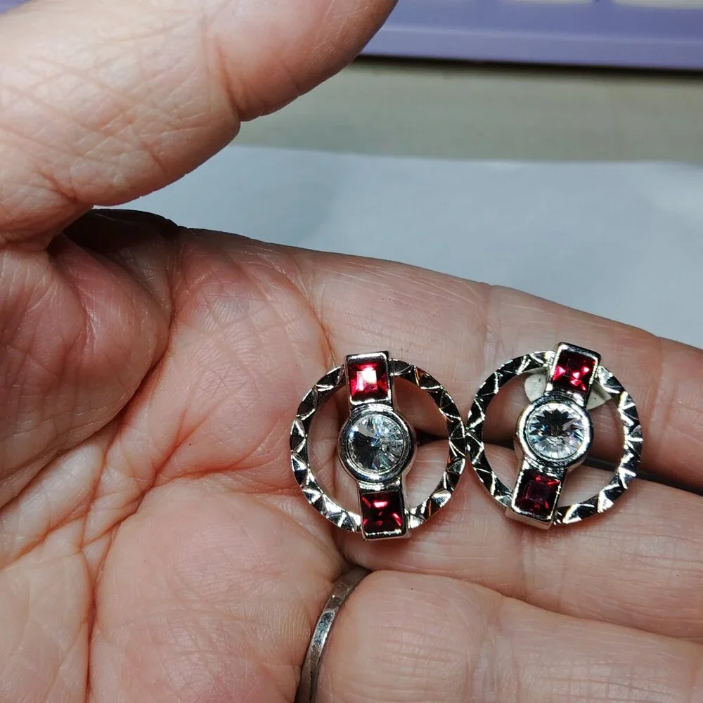 Vintage-Style Red & Clear Rhinestone Cufflinks Silver Tone 1